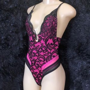Pink & Black Lace Bodysuit with Bottom Closure